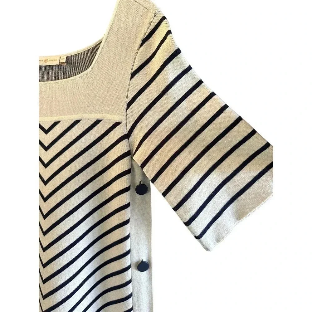 Tory Burch White &‎ Blue Half Sleeve Square Neck Anya Chevron Dress Size XS